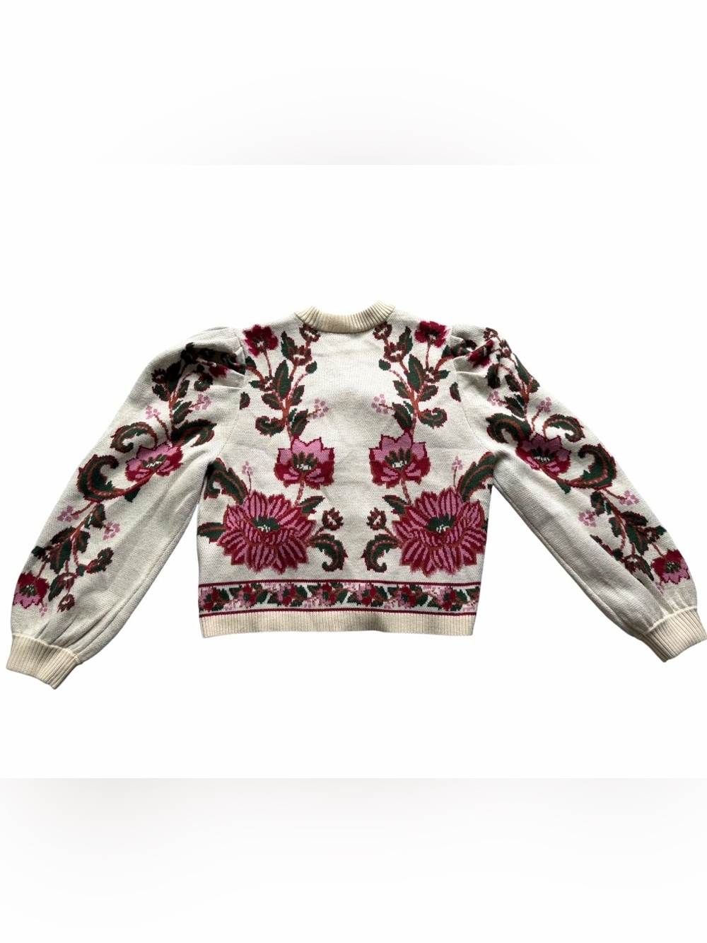 FARM Rio Ravenala Floral Intarsia Knitted Cardigan Medium Cream Puff Sleeve - Picture 6 of 11